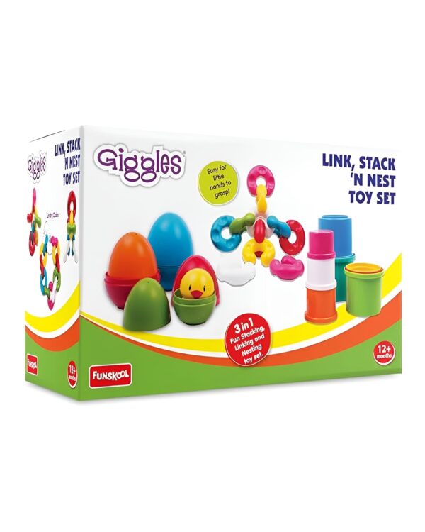Side packaging of Funskool Giggles Link Stack Nest Toy Set