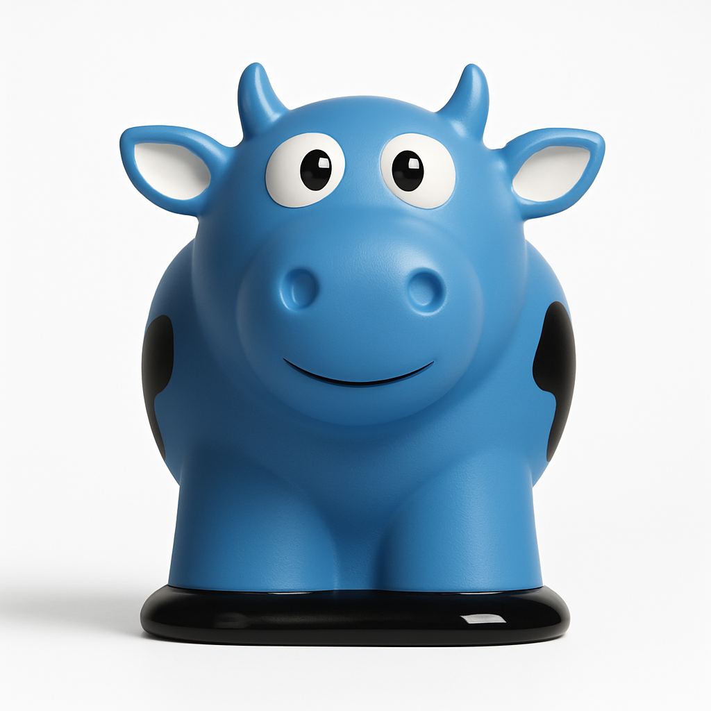 Blue cow squeaky toy with cute horns and smiling face.
