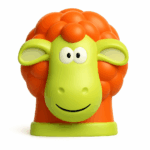 Orange and green sheep squeaky toy with smiling face and soft rounded design.