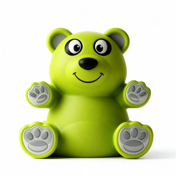 Green bear squeaky toy with paw details and cheerful expression.