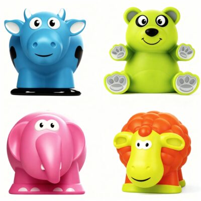 Set of four colorful animal squeakers — a blue cow, green bear, pink elephant, and orange-yellow sheep — arranged in a grid on a white background