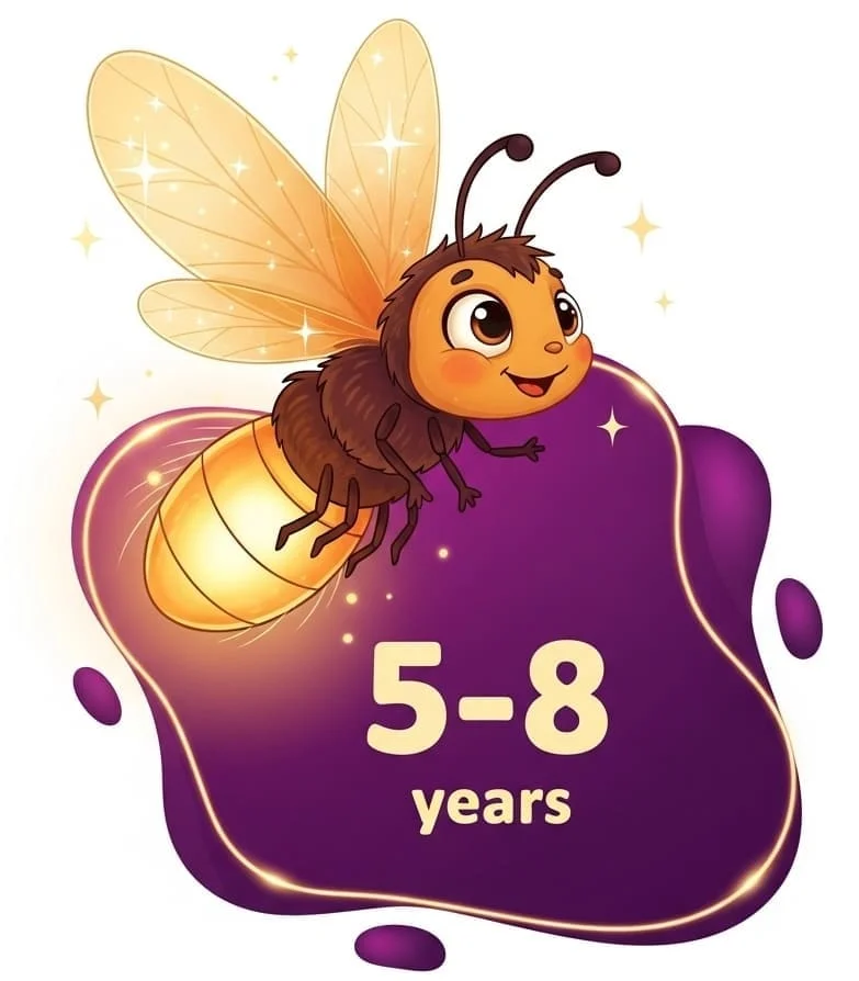 Smiling glowing firefly with “5–8 years” text for school-age children’s toys.