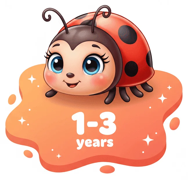 Charming red ladybug cartoon with “1–3 years” text for toddler toy age group.
