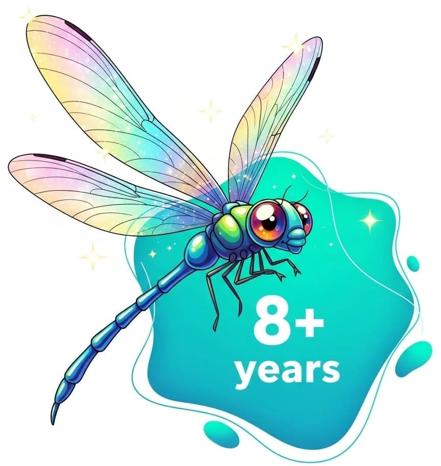 Vibrant dragonfly illustration with “8+ years” label for advanced kids’ toys.