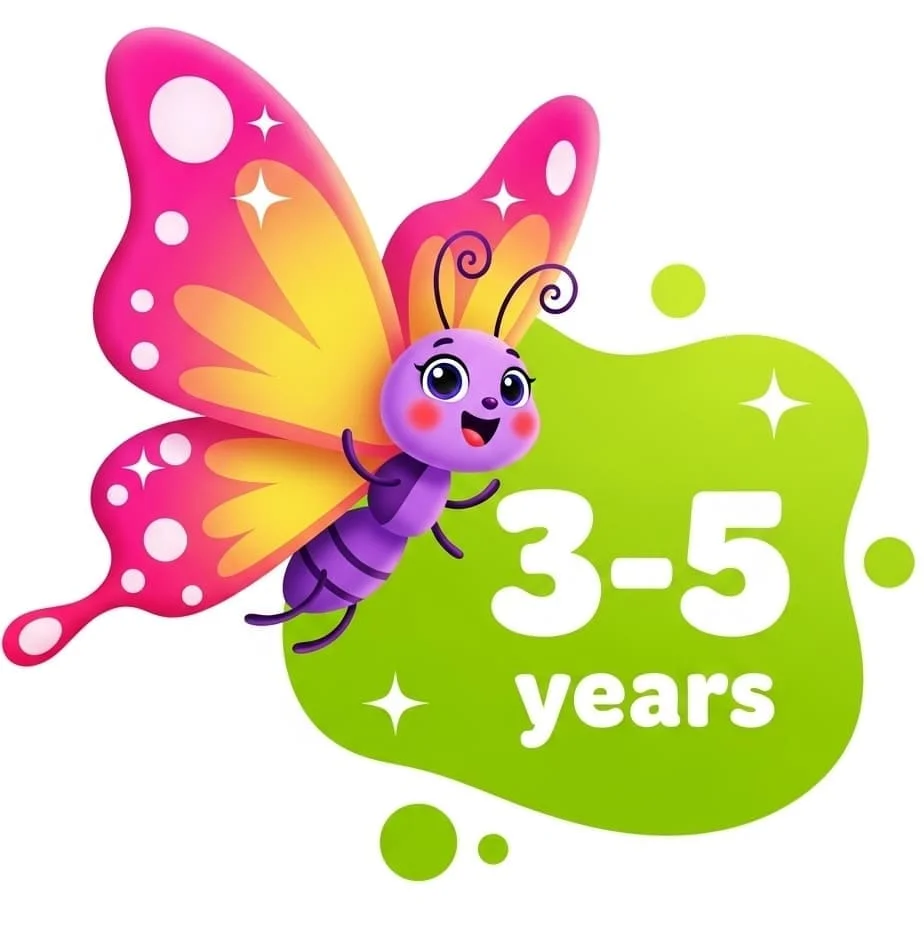 Colourful butterfly illustration with “3–5 years” label for preschool learning toys.