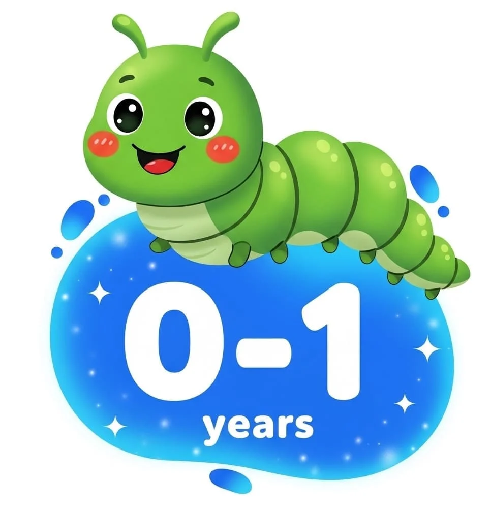 Adorable green caterpillar illustration with “0-1 years” label for baby toys category.