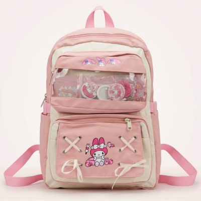 Blush Bunny Lace-Up Backpack | Zipper Pocket | Multi-Compartment Storage