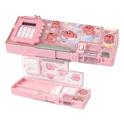 FunBlast Dinosaur Pencil Box with Calculator – Multifunctional Stationery Box with Sharpener, Eraser & Storage, Cute Cartoon Pencil Case for School Kids (Pink-B)