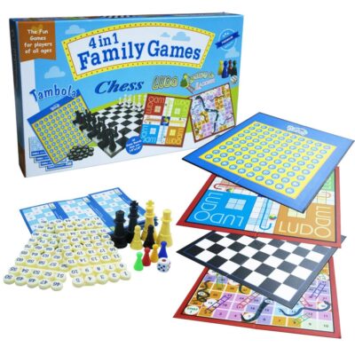 EKTA 4 in 1 Family Strategy Board Games | Tambola, Chess, Ludo and Snakes & Ladders Educational Family Games | Fun & Strategy Games Multicolor for 2 Years or Above