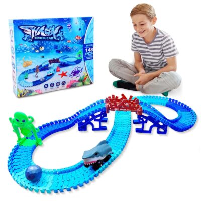 FunBlast Ocean World Racing Track Toy Set - Flexible and Bendable Twister Track Toy Set with Racing Car and Aquatic Animals Toys, DIY Toys for Boys, Girls, Kids (148 Pcs)