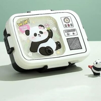 Gurnur Stainless Steel Bento Lunch Box, 2 Compartments, 750ml+70ml Capacity, Cute Panda Design, Black and White