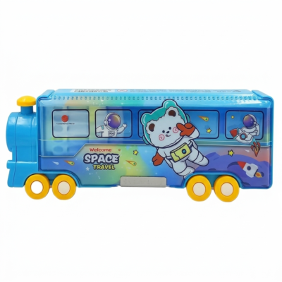 Johnnie boy Choo Choo! All Aboard The Fun Train Shape Pencil Box | Sturdy Movable Wheels | Inbuilt Sharpener | Perfect Toy Train Pencil Box for Kids (Space Pencil Box, Multicolour)