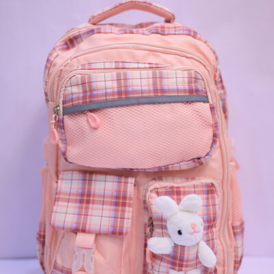 Blush Plaid Bunny Charm Kids School Backpack