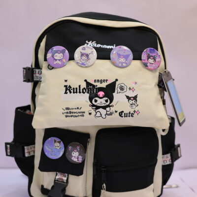 Kuromi Black & Cream Multi-Pocket Kids School Backpack with Badges