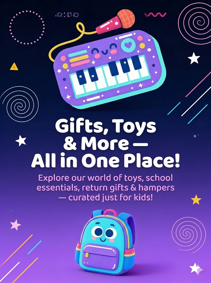 Wide banner of children laughing and opening pastel colored gift boxes in a soft pink and purple playroom decorated with toys and shelves, with headline “Where Every Gift Sparks Joy & Wonder.”