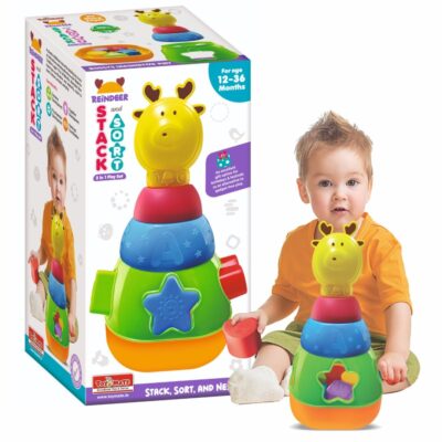 Toymate Reindeer Stack & Sort Toddler Toy | 2-in-1 Shape Sorter & Stacking Rings | Educational Learning Toy for Babies 12–36 Months | Fine Motor Skills Development | Gift for Boys & Girls