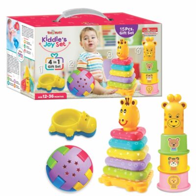 Toymate Kiddle’s Joy Set 4 in 1 Baby Toy Gift Set, Educational Learning Toys for Toddlers 12–36 Months, Stacking Rings, Stacking Cups, Shape Puzzle Ball & Sand Toy, Birthday Gift