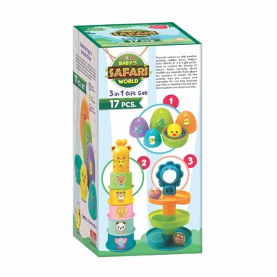 Toymate Baby’s Safari World 3-in-1 Gift Set – 17 Pcs Educational Toddler Toys for 12-36 Months, Nesting Eggs, Stacking Cups & Ball Drop Ramp, Learning Playset for Boys & Girls
