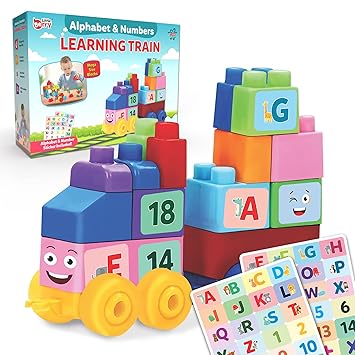 Alphabet & Number Learning Train Building Blocks for Kids – Educational Train Puzzle Block Set with Sticker Sheet