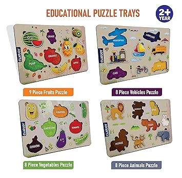 Clapjoy Wooden Learning Puzzle Board Set for Kids – Educational Wooden Puzzle Toys (Combo of 4)